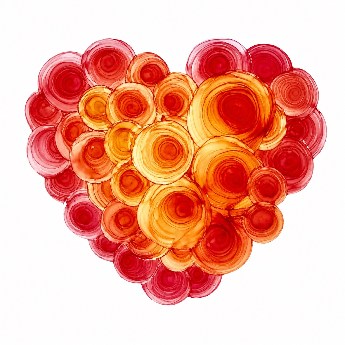A heart formed from layered concentric circles of red, amber, and gold alcohol ink.